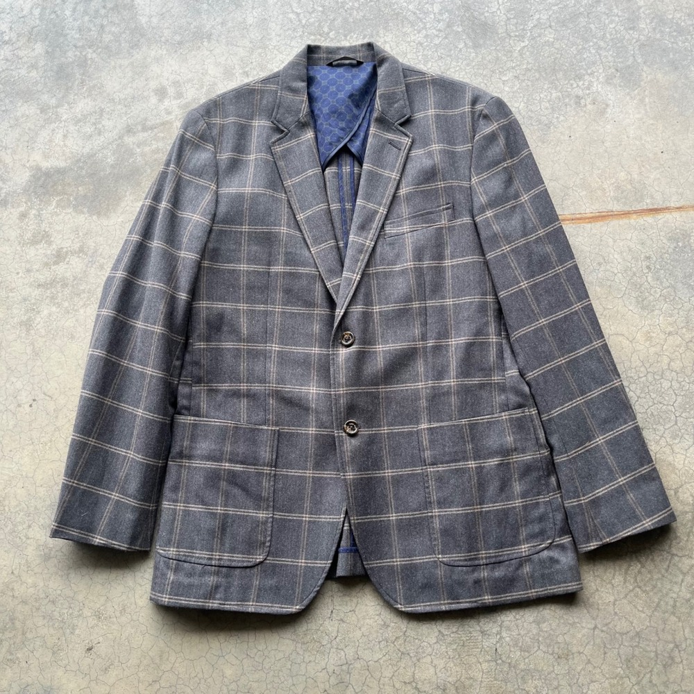 Tasso Elba Mens Gray Windowpane Plaid Blazer Sport Coat L 42-44 Patch Pockets